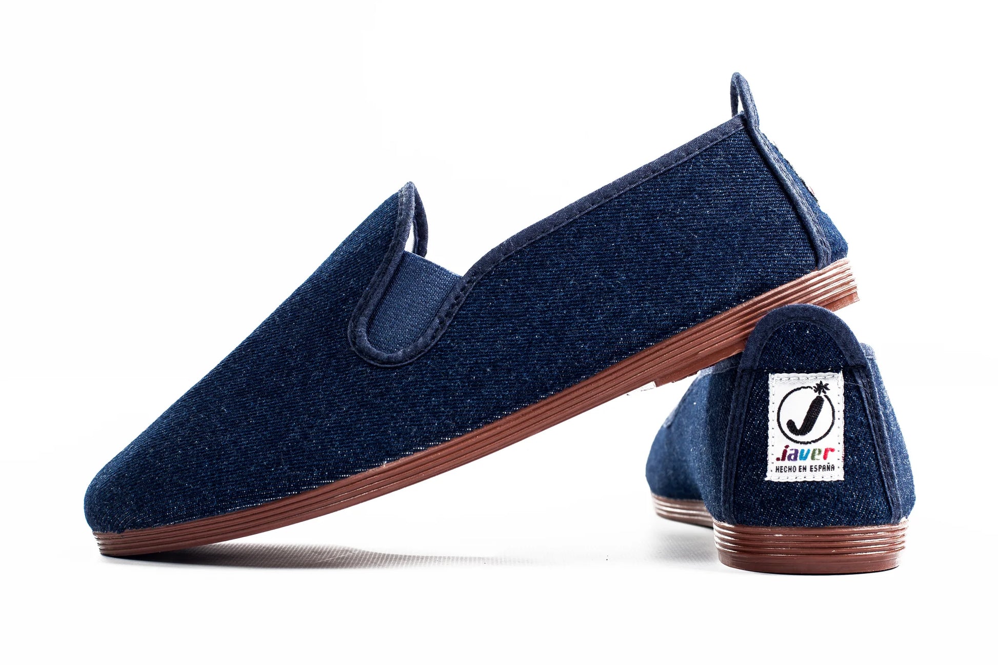 Javer Blue loafers with brown soles on a white background, featuring the Jauer brand logo.