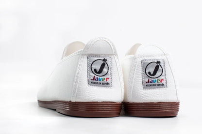 Javer White sneakers with brown soles and 'Javer' logo on a white background