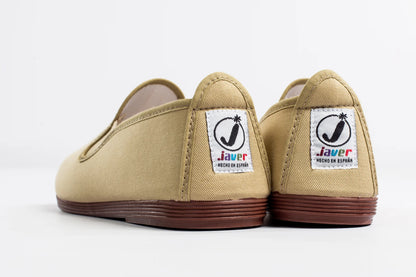Javer Beige slip-on shoes with 'Javer' logo on a white background