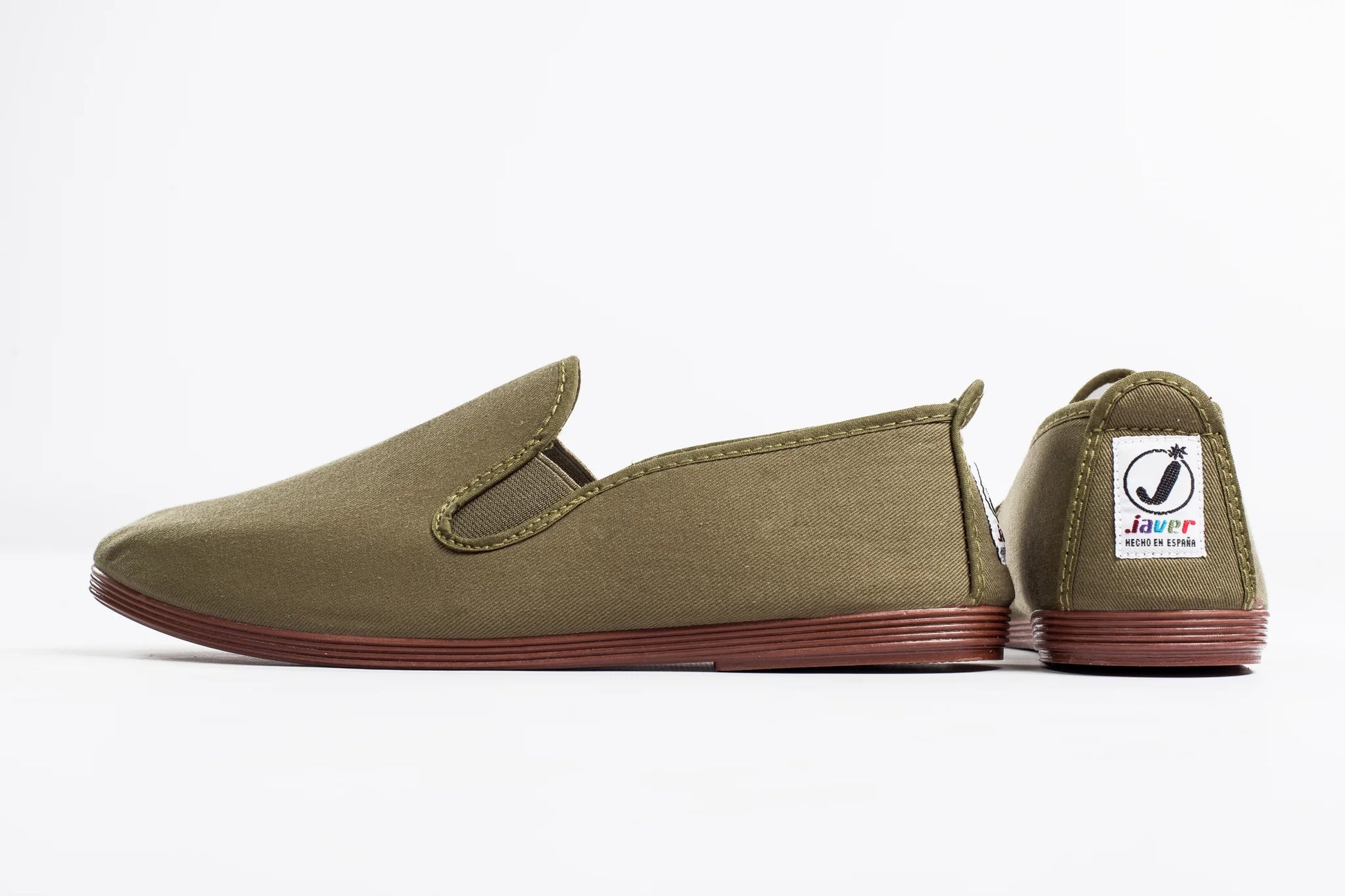 Javer Olive green slip-on shoe with a visible brand logo on a white background